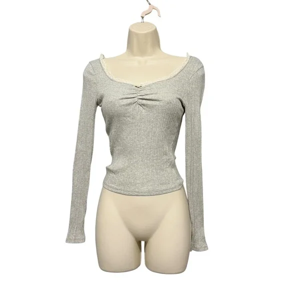 Women Long Sleeve Top Size M Heather Gray Coquette Twee Soft Girl Ruched Rosette - Picture 4 of 14